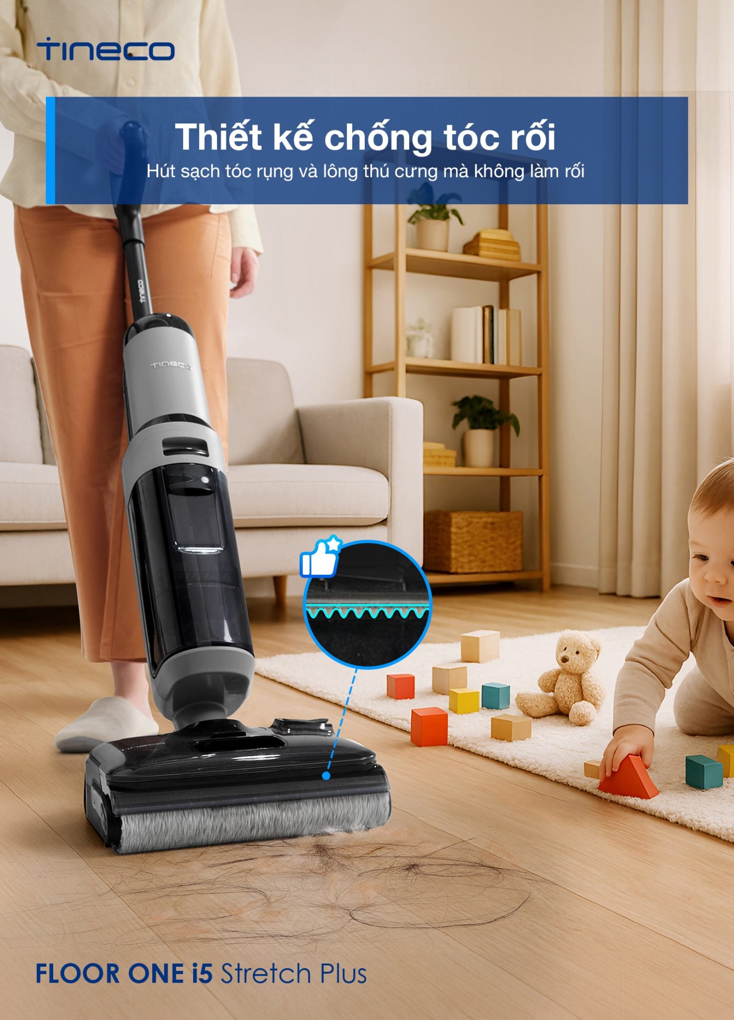 Máy hút bụi lau sàn Tineco i5 Stretch Plus&nbsp;Thiết kế chống rối hút sạch tóc và lông thú cưng