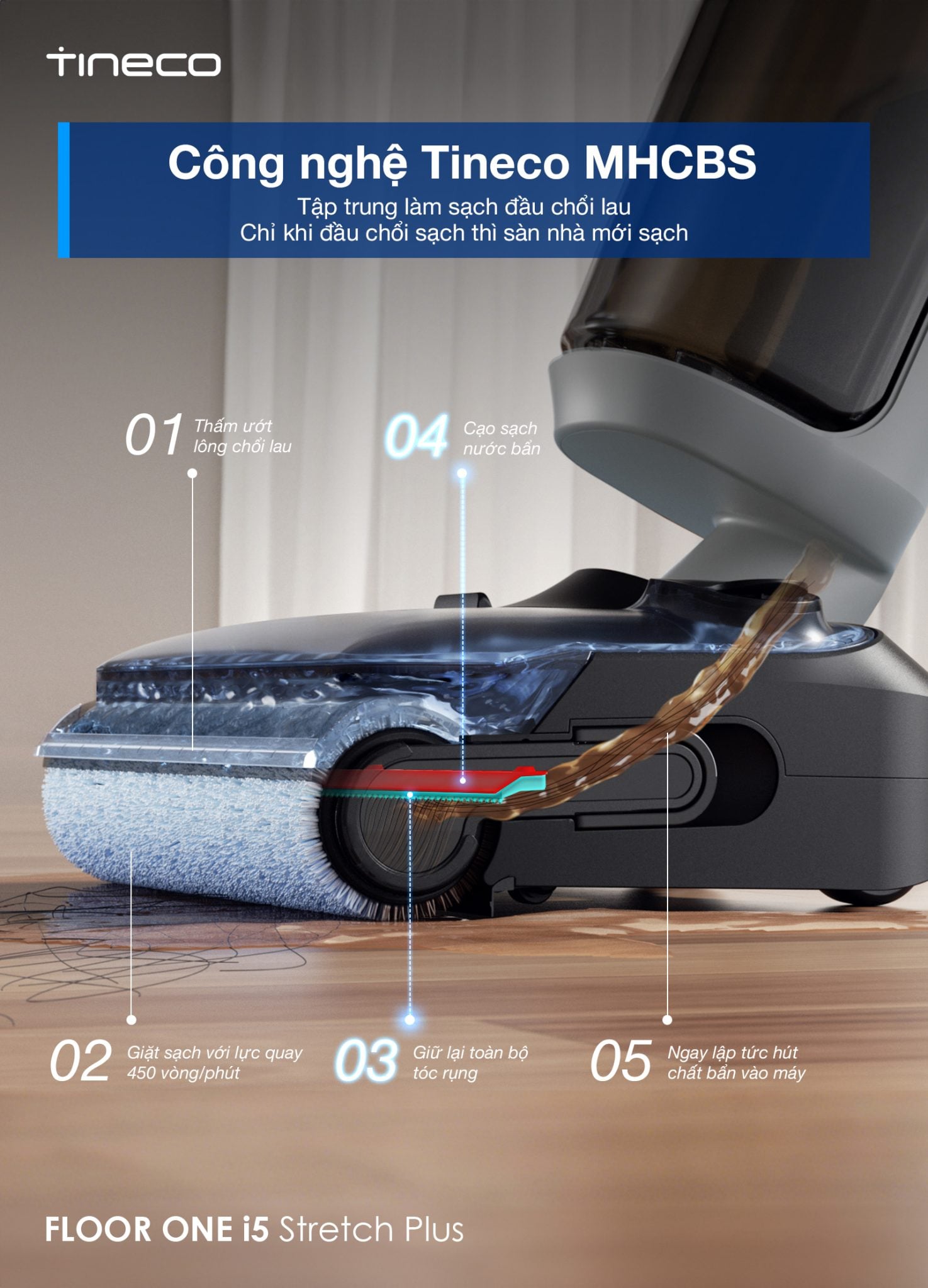 Máy hút bụi lau sàn Tineco i5 Stretch Plus&nbsp;Hệ thống làm sạch chổi lau liên tục, sàn sạch không tì vết