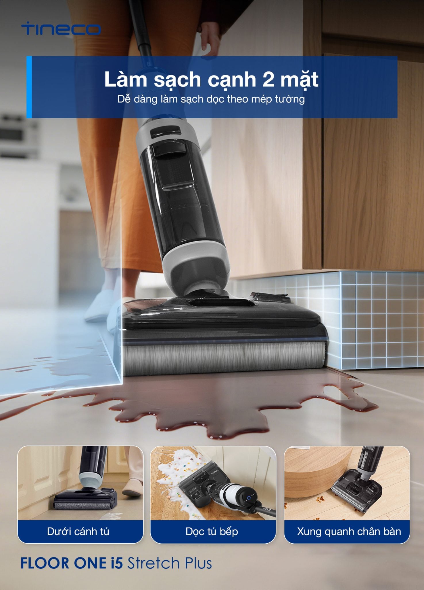 Máy hút bụi lau sàn Tineco i5 Stretch Plus&nbsp;Sở hữu con lăn thiết kế đặc biệt, đem đến giải pháp làm sạch 2 cạnh toàn diện