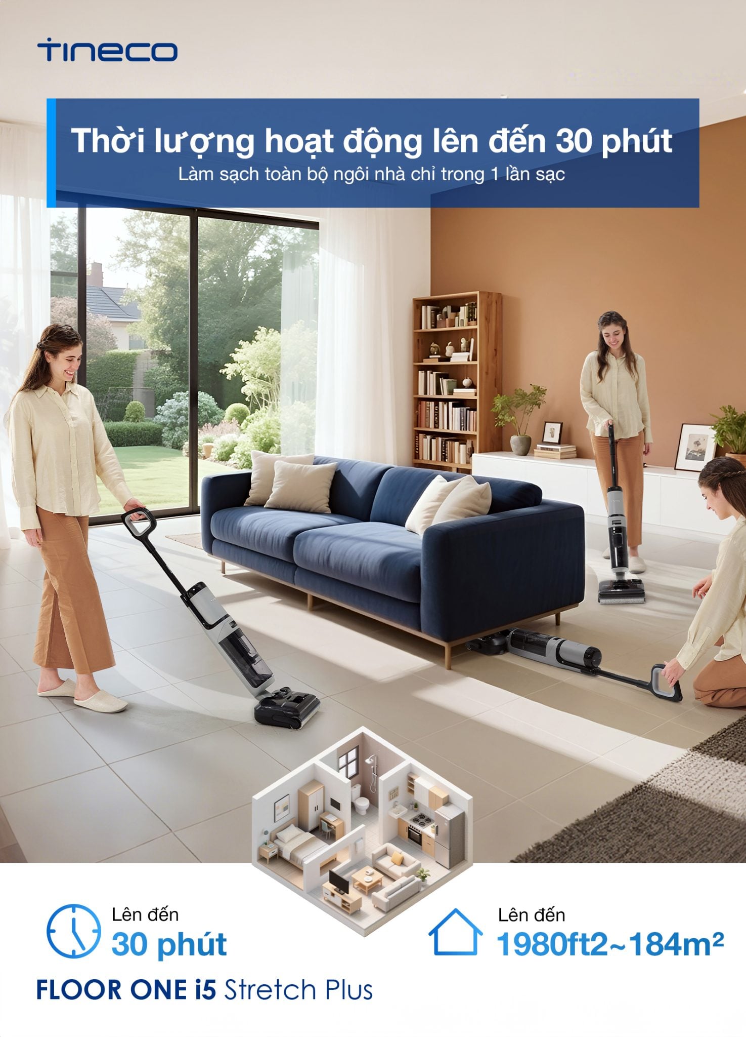 Máy hút bụi lau sàn Tineco i5 Stretch Plus&nbsp;Thời gian hoạt động lên đến 30 phút