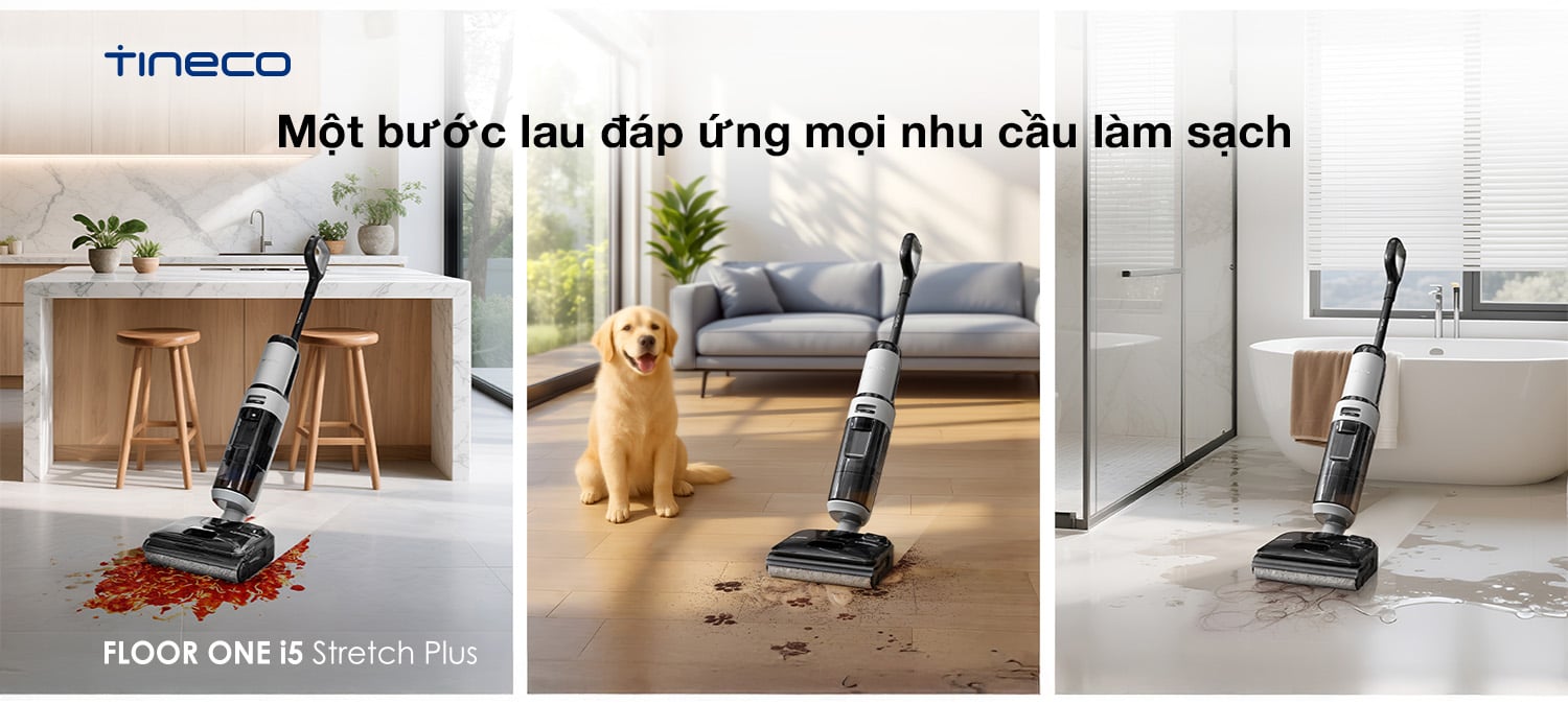 Tineco Floor One i5 Stretch Plus đang lau dọn sàn bếp, phòng khách và phòng tắm với các vết bẩn như vết thức ăn, bùn và nước.