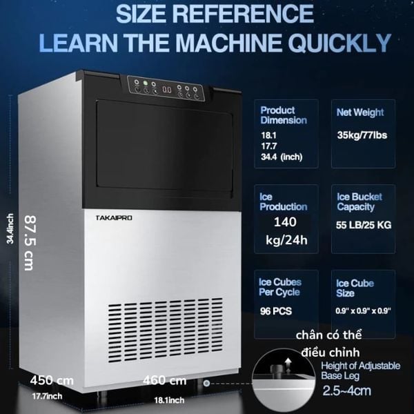 Máy làm đá viên Takaipro TKI-125PRO&nbsp;125kg/Ngày&nbsp;được trang bị tủ thép không gỉ, mang lại độ bền cao và tuổi thọ dài lâu.