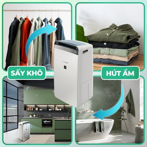 Máy lọc không khí và hút ẩm Sharp DW J20FV-W (52m²/20lít) Trang bị 05 cảm biến: bụi PM2.5, độ ẩm, nhiệt độ, mùi và bộ lọc