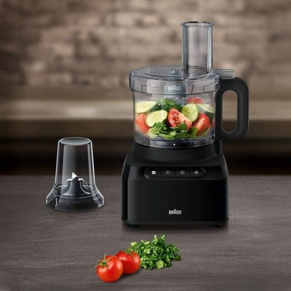 Máy xay thực phẩm Braun Pureease FP 3132 Bk 7in1: cắt lát, thái, bào sợi, xay sinh tố, xay đồ khô và nhào bột chỉ bằng một nút chạm.