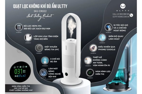 Quạt lọc không khí bù ẩm Ultty CR022 giúp làm sạch không khí trong toàn bộ căn phòng, đẩy không khí lưu thông và làm mát bạn bằng làn gió dễ chịu.