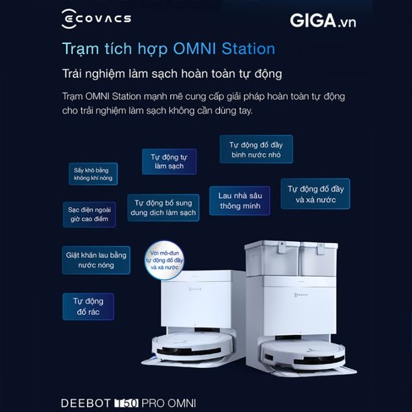 Robot hút bụi Ecovacs T50 Pro Omni Trạm tích hợp OMNI Station nhiều tính năng ưu việt