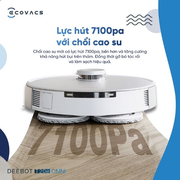 Robot hút bụi lau nhà Ecovacs Deebot T20e Omni Lực hút siêu mạnh 7100Pa, vượt trội hơn và tăng cường khả năng hút bụi trên thảm.