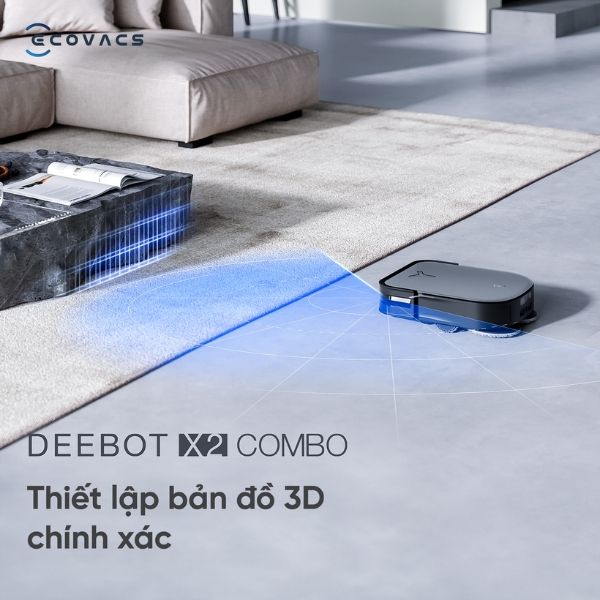 Deebot X2 Combo - Công nghệ AIVI 3D 2.0 giúp robot né tránh vật cản và làm sạch nhanh chóng.