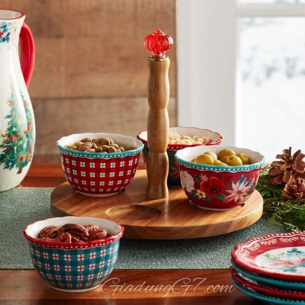 Set 4 bát gia vị kèm khay đế xoay The Pioneer Woman Lazy Susan thiết kế với màu sắc sặc sỡ cực kỳ đẹp mắt