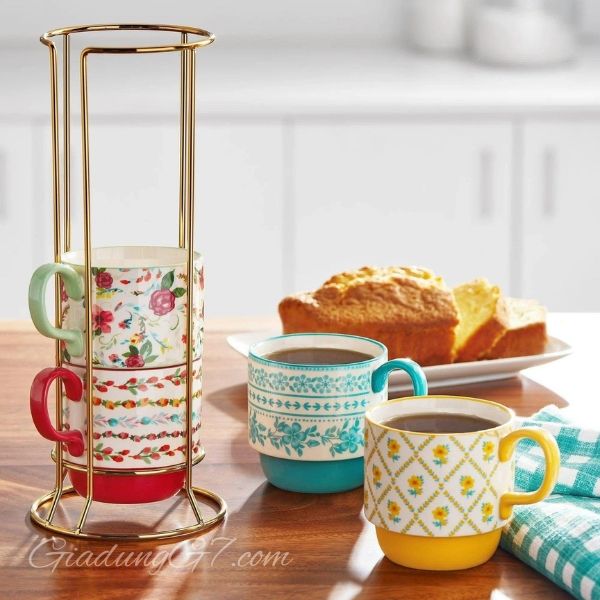 Set 4 Cốc Kèm Giá The Pioneer Woman Merry Meadow - Bộ Cốc Quyến Rũ Cho Bữa Tiệc Cổ Điển