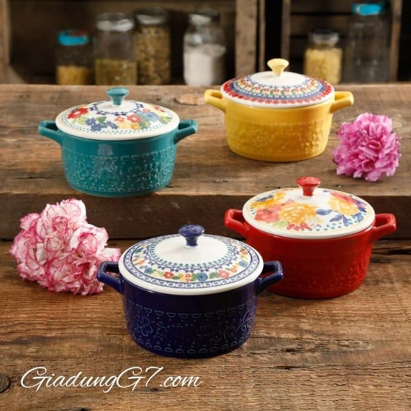 Bộ 4 Nồi sứ Mini The Pioneer Woman Floral 15.9cm Có Nắp – Hoàn Hảo Cho Món Hầm Mini