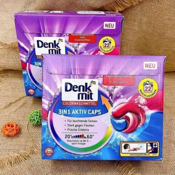 Viên giặt xả Denkmit Aktiv Caps hộp 22 viên 3in1