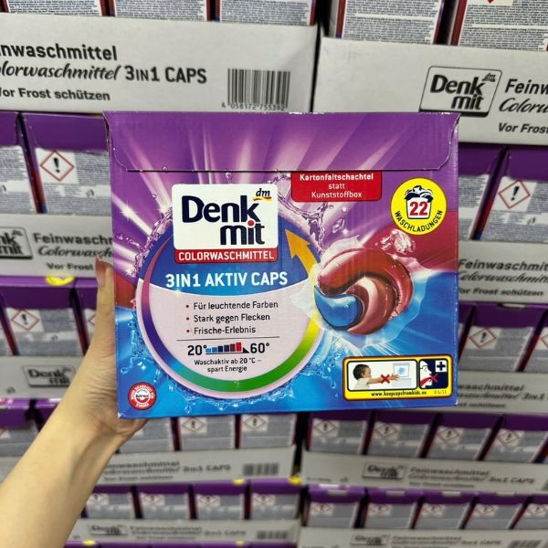 Viên giặt xả Denkmit Aktiv Caps hộp 22 viên 3in1
