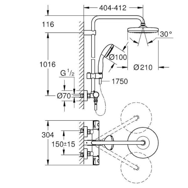 Hệ thống vòi sen cây Grohe Bau System 210mm có bộ điều chỉnh nhiệt độ để gắn tường - Grohe 26699000