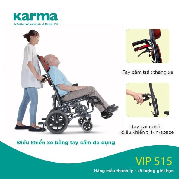 Xe lăn Karma VIP 515 dễ dàng điều khiển người ngồi và sử dụng phanh trợ lực