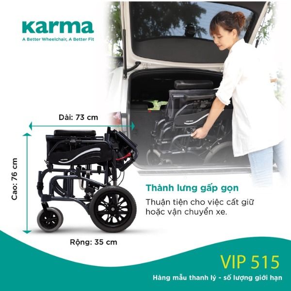 Xe lăn Karma VIP 515 thiết kế dễ dàng gấp gọn để bỏ cốp xe