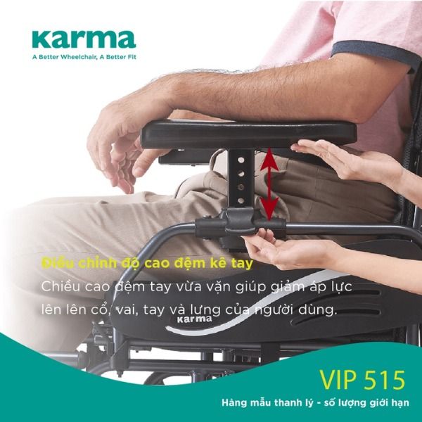 Xe lăn Karma VIP 515 có thể điều chỉnh độ cao của thành tựa tay