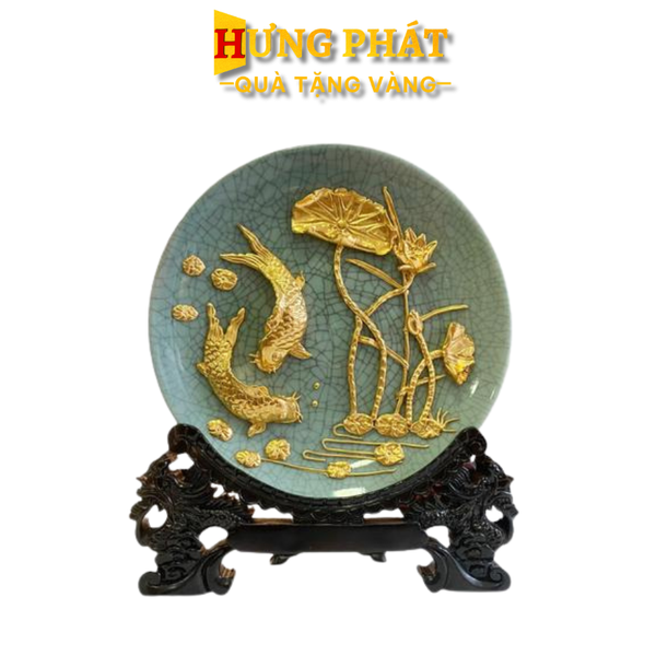Đĩa Biểu Trưng Cá Chép Hoa Sen Dát Vàng 24K hungphatgold.vn