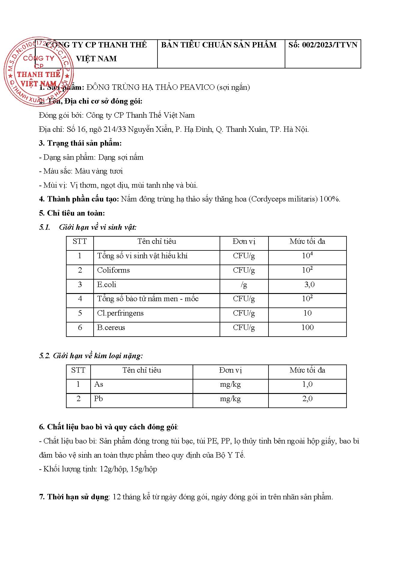 HS TCB Đông trùng hạ thảo PEAVICO