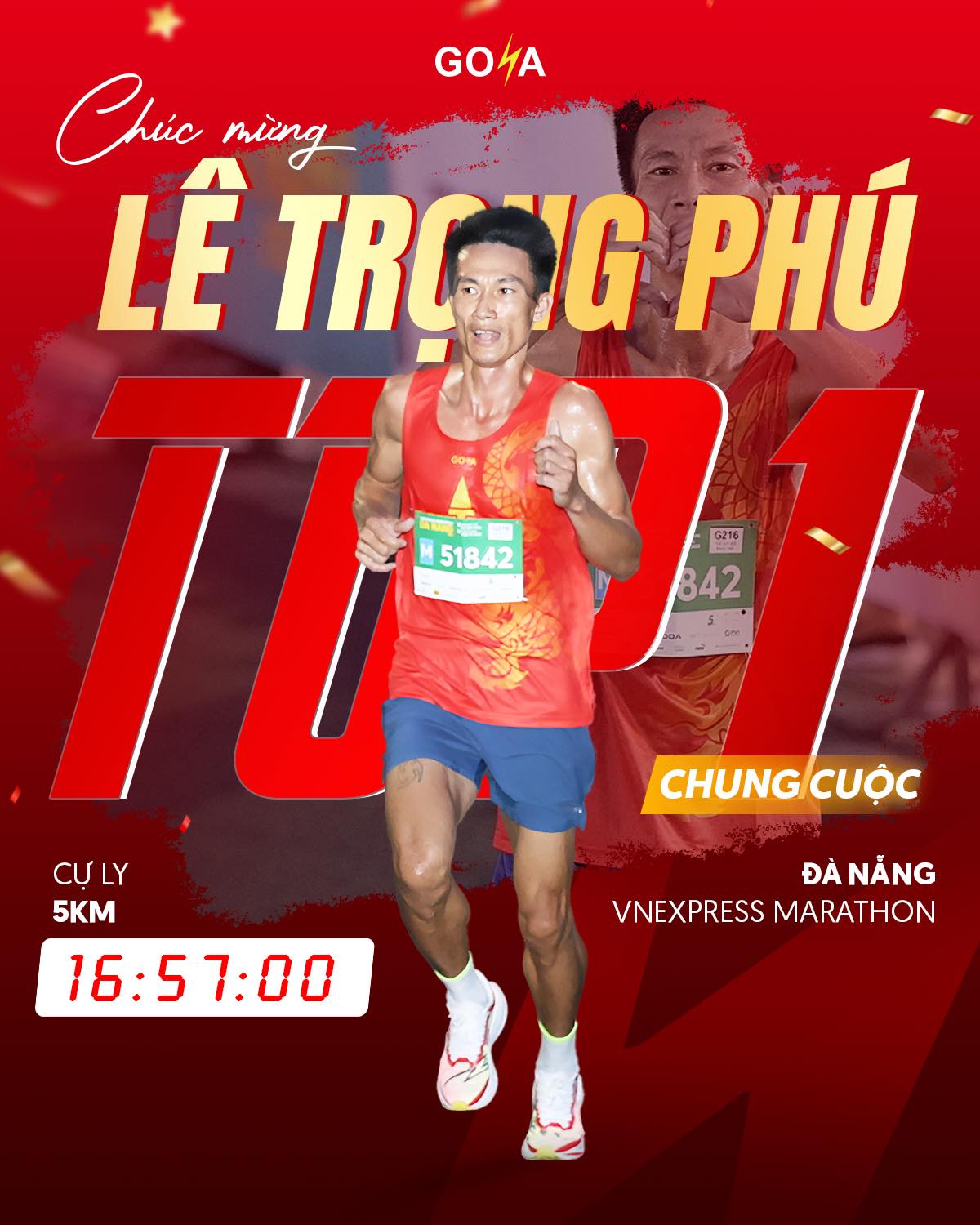 CHÚC MỪNG PACE MAKER LÊ TRỌNG PHÚ ĐẠT TOP 1 CỰ LY 5KM TẠI VNEXPRESS MARATHON ĐÀ NẴNG CÙNG GOYA NEO!