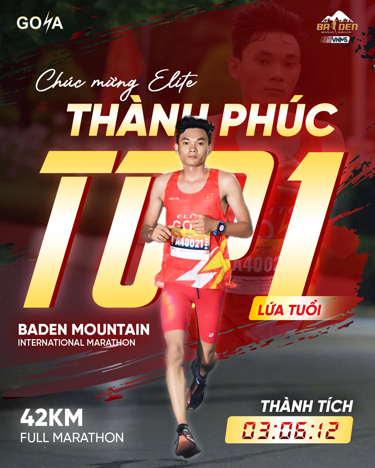 CHÚC MỪNG GOYA ELITE TEAM NGUYỄN THÀNH PHÚC ĐẠT TOP 1 LỨA TUỔI TẠI BÀ ĐEN MOUNTAIN INTERNATIONAL MARATHON CỰ LY 42KM CÙNG GOYA NEO PRO!