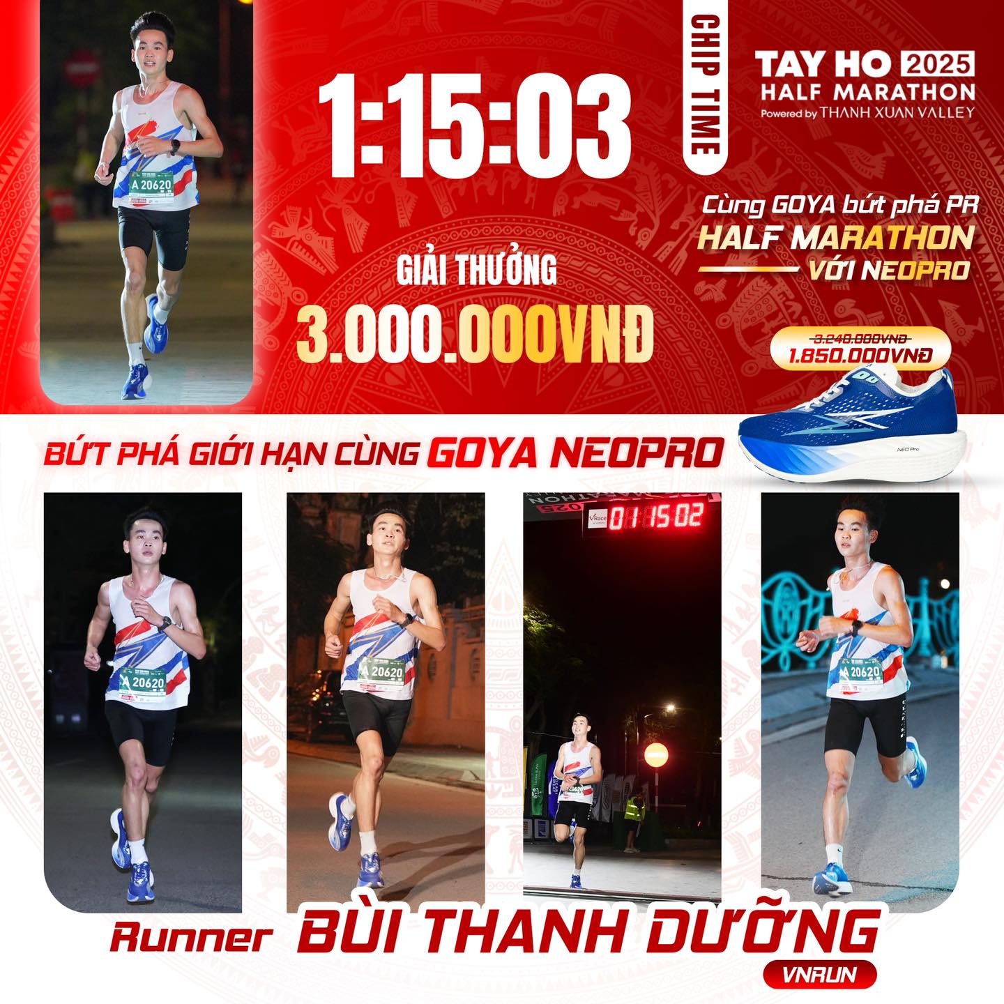 GOYA CHÚC MỪNG VĐV BÙI THANH DƯỠNG ĐẠT THƯỞNG 3.000.000 TẠI TÂY HỒ HALF MARATHON 2025