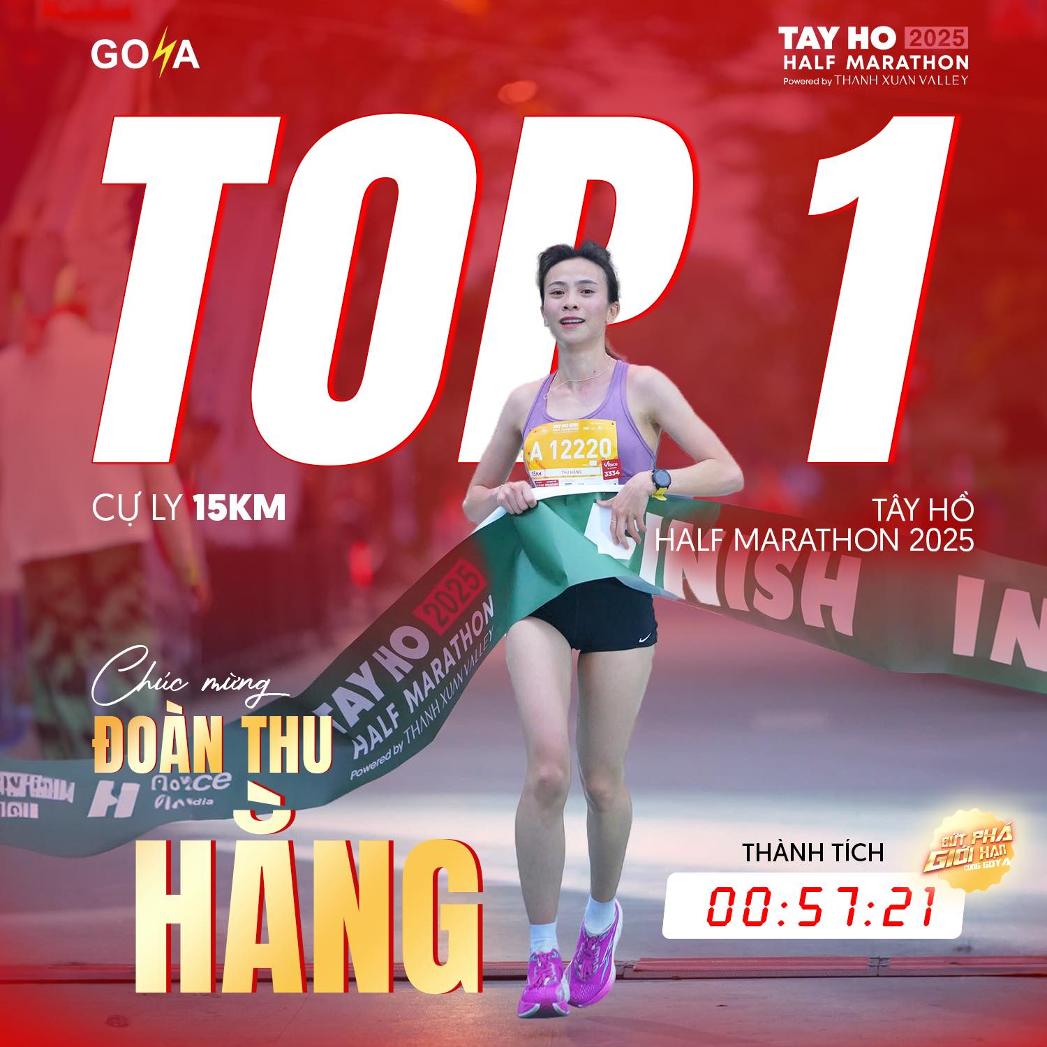 GOYA CHÚC MỪNG VĐV ĐOÀN THU HẰNG - TOP 1 CỰ LY 15KM CÙNG GOYA NEO PRO! TẠI TÂY HỒ HALF-MARATHON