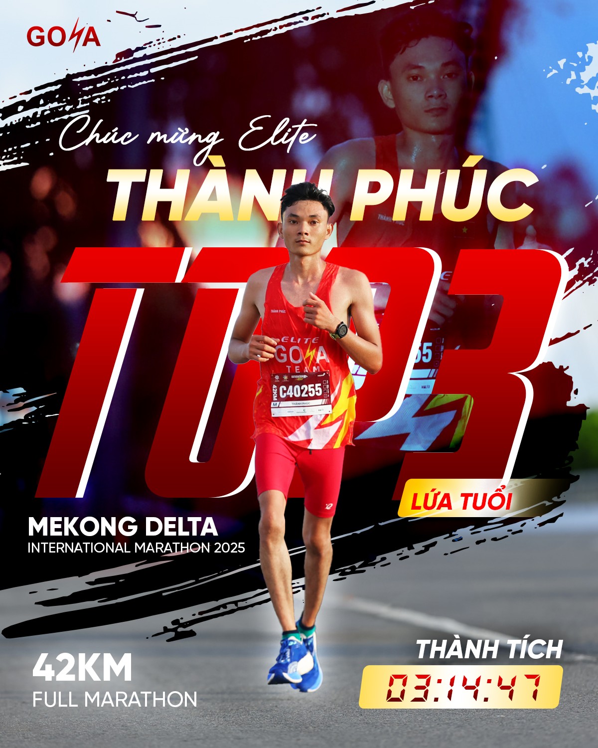 GOYA XIN CHÚC MỪNG ANH NGUYỄN THÀNH PHÚC ĐÃ XUẤT SẮC BỨT PHÁ CỰ LY 42KM TẠI MEKONG DELTA INTERNATIONAL MARATHON 2025