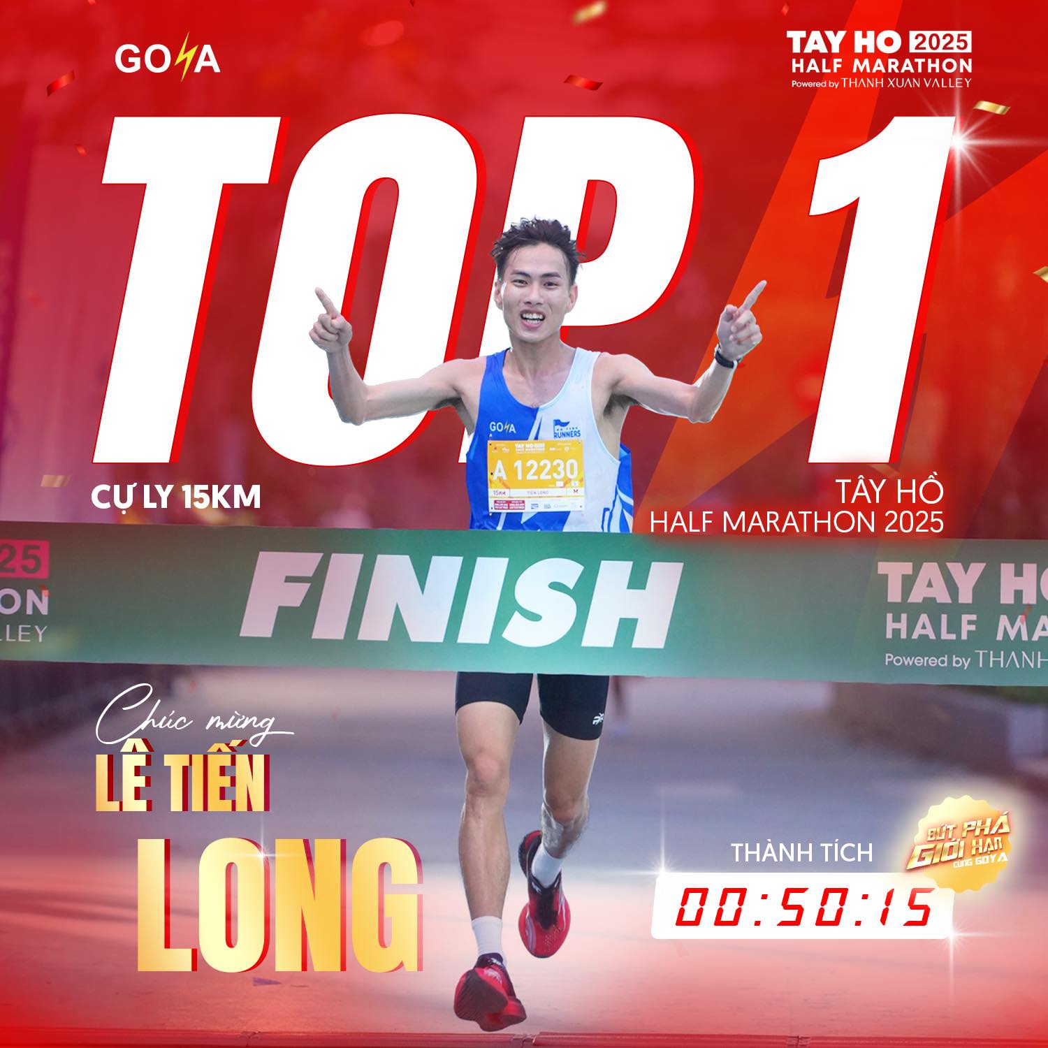 CHÚC MỪNG LÊ TIẾN LONG TOP 1 15KM BỨT PHÁ GIỚI HẠN TẠI TÂY HỒ HALF MARATHON 2025