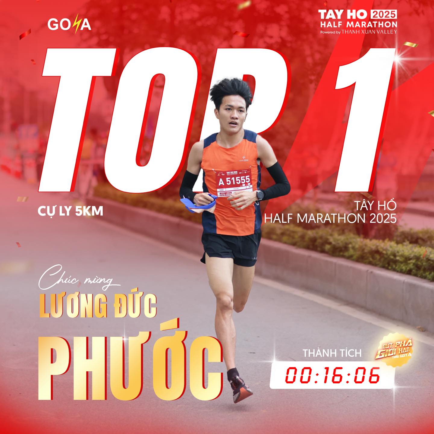 CHÚC MỪNG LƯƠNG ĐỨC PHƯỚC TOP 1 CỰ LY 5KM TẠI TÂY HỒ HALF MARATHON 2025