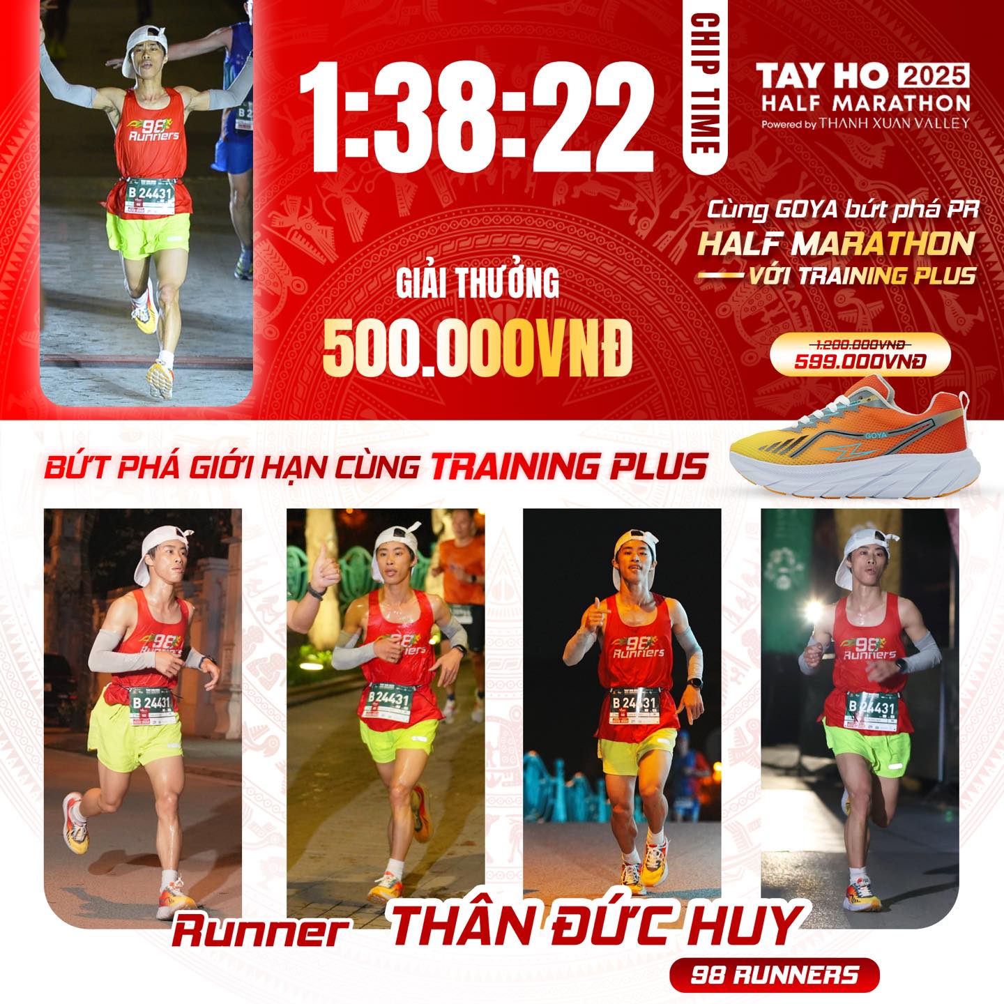 GOYA CHÚC MỪNG VĐV THÂN ĐỨC HUY ĐẠT THƯỞNG 500.000 TẠI TÂY HỒ HALF MARATHON 2025