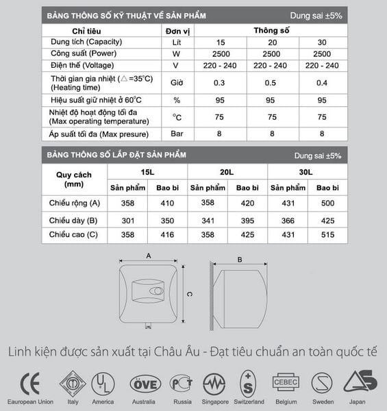 Bình nước nóng vuông Rossi Ti Smart