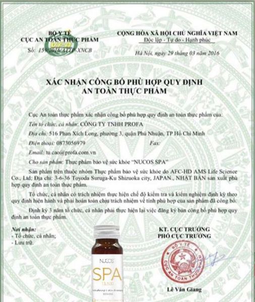 giấy chứng nhận Nước Uống Collagen Nucos Spa 13500