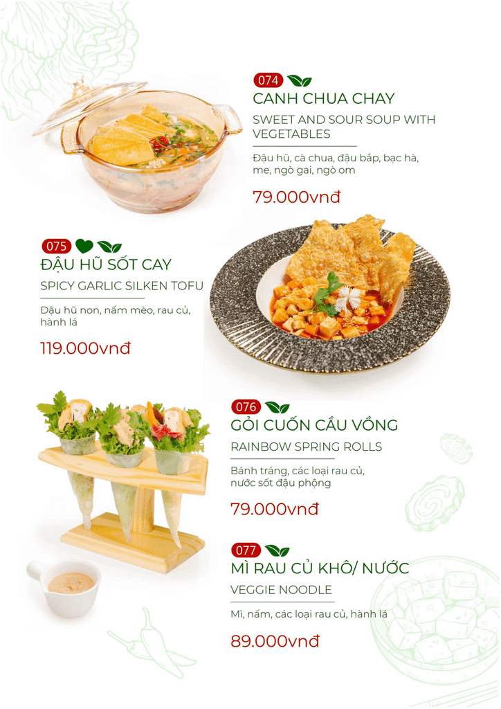 Menu món chay nhà hàng Nắng – Nắng - Cơm Lành Canh Ngọt