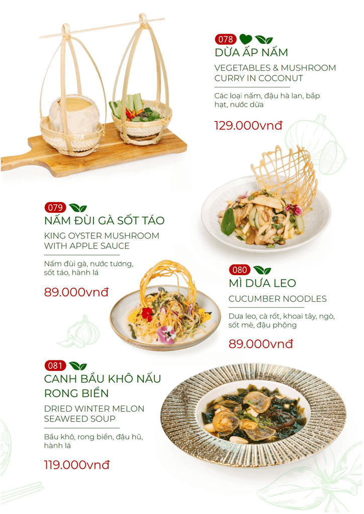 Menu món chay nhà hàng Nắng – Nắng - Cơm Lành Canh Ngọt