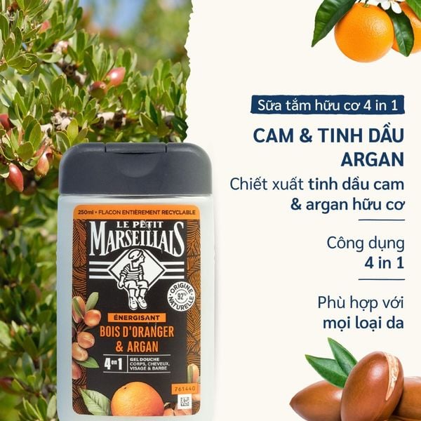 Sữa Tắm Nam Nội Địa Pháp Marseillais 4 Trong 1 Tinh Chất Cam & Tinh Dầu Argan