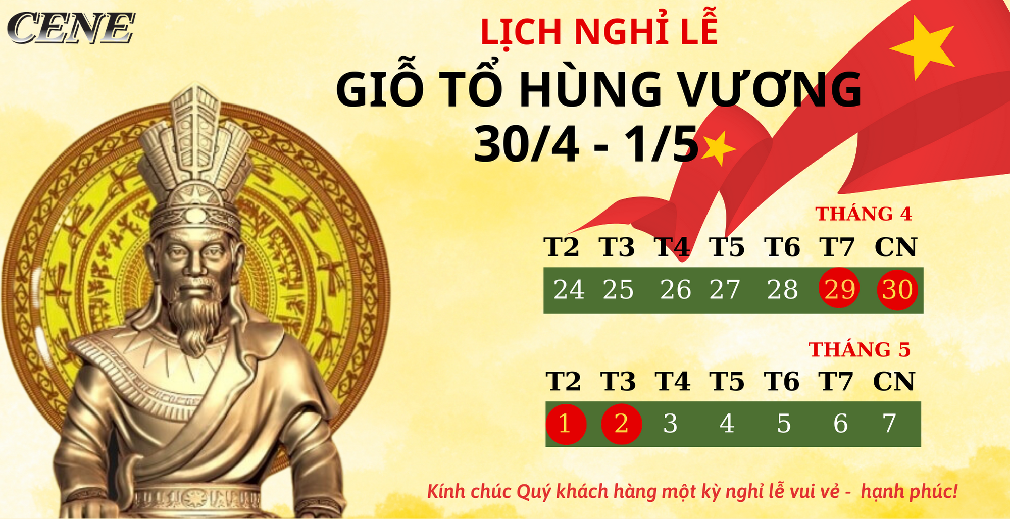 THÔNG BÁO LỊCH NGHỈ LỄ GIỖ TỔ HÙNG VƯƠNG, 30/4 VÀ 1/5