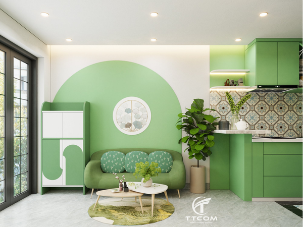 THIẾT KẾ NỘI THẤT CĂN HỘ 2 PHÒNG NGỦ CHO CHỊ HOA – KHÔNG GIAN HIỆN ĐẠI VỚI TONE XANH LÁ TƯƠI MÁT