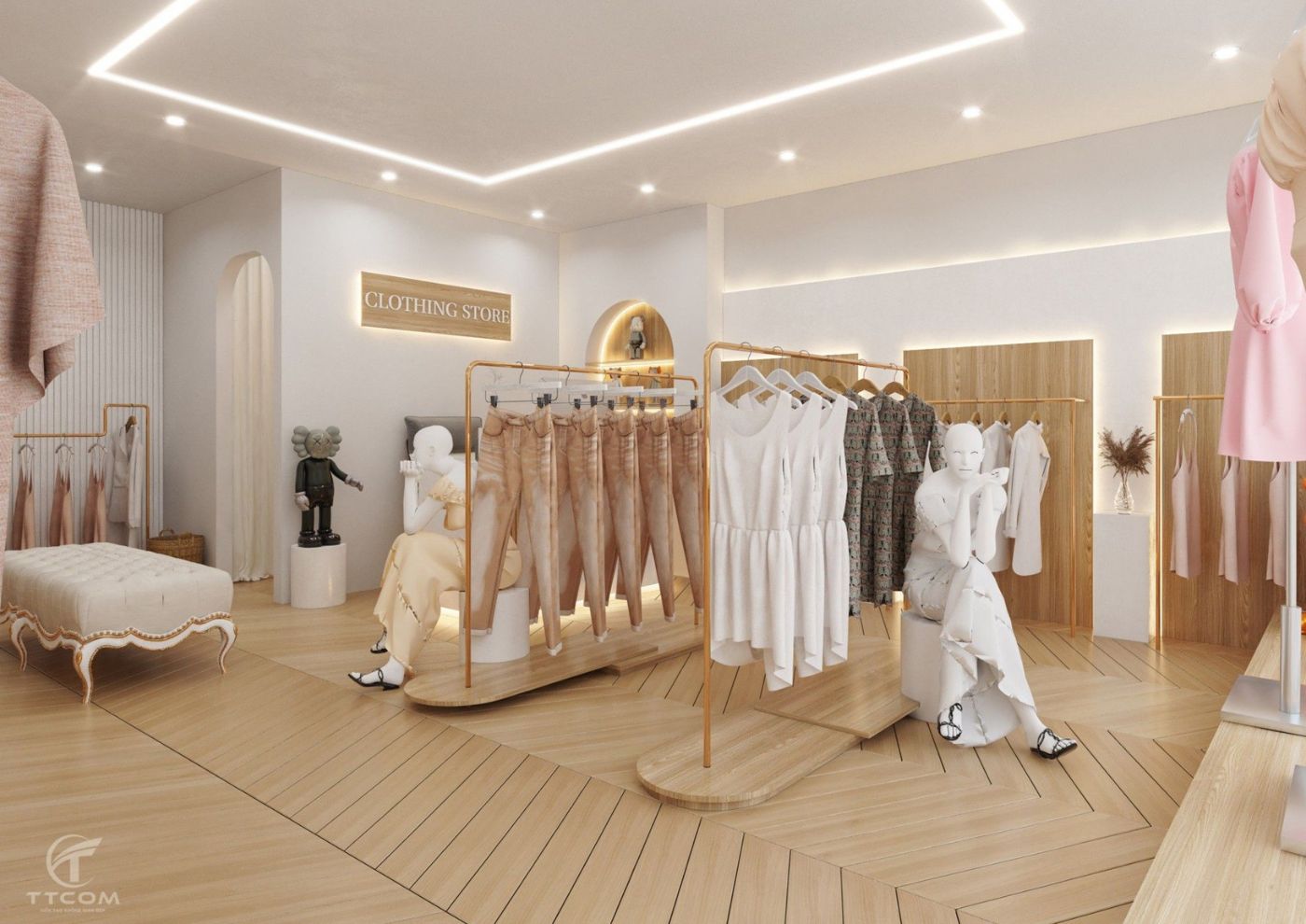 Ảnh tổng thể không gian nội thất shop TTCOM02, góc nhìn bao quát từ ngoài vào.