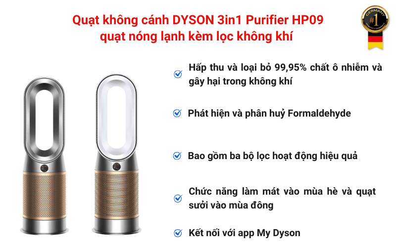 Quạt không cánh DYSON 3in1 Purifier HP09 quạt nóng lạnh kèm lọc không khí