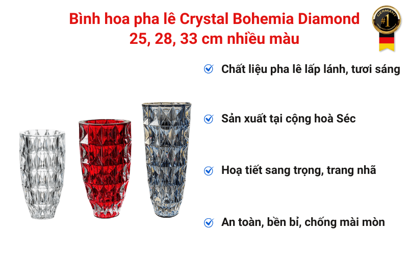 Bình hoa pha lê Crystal Bohemia Diamond 25, 28, 33 cm nhiều màu
