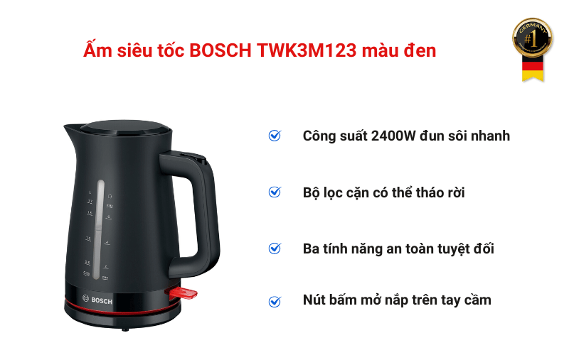 Ấm siêu tốc BOSCH TWK3M123 màu đen