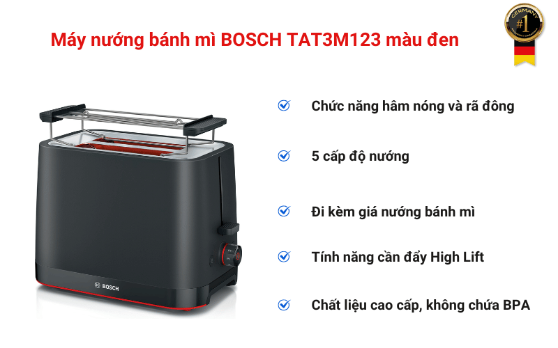 Máy nướng bánh mì BOSCH TAT3M123 màu đen