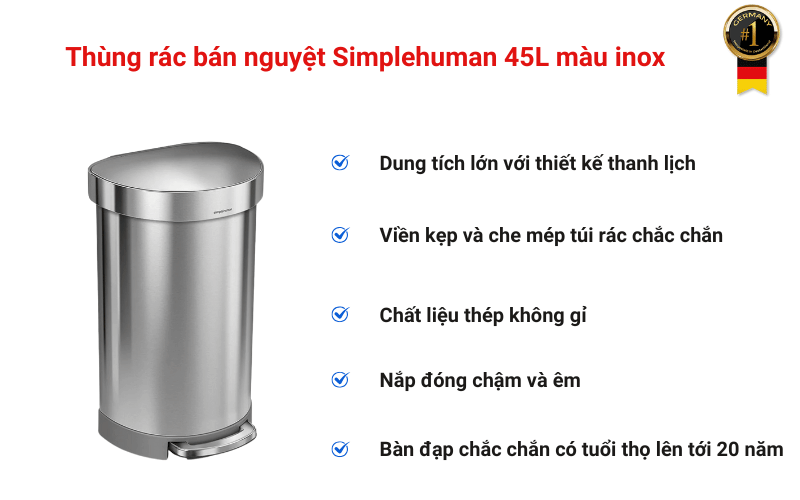 Thùng rác bán nguyệt Simplehuman 45L màu inox