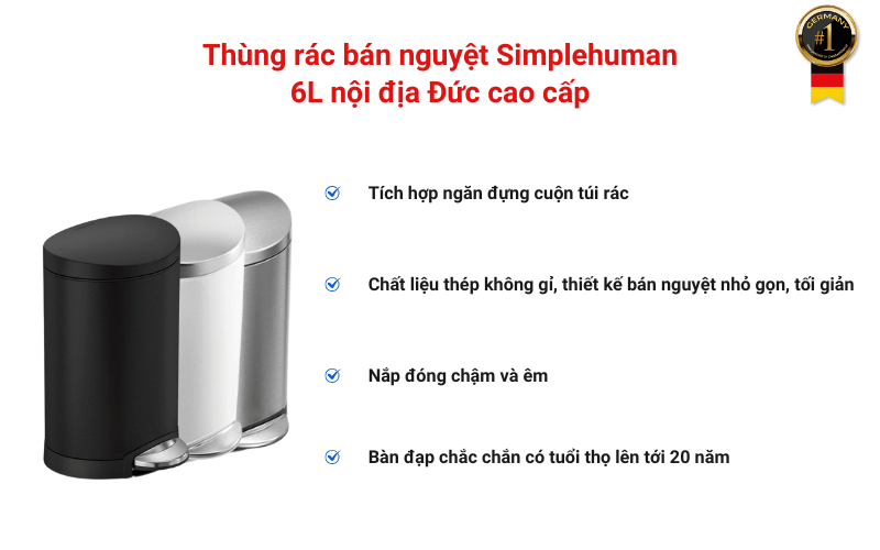 Thùng rác bán nguyệt Simplehuman 6L nội địa Đức cao cấp