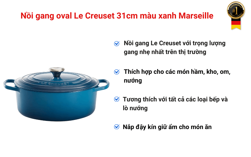Nồi gang oval Le Creuset 31cm màu xanh Marseille