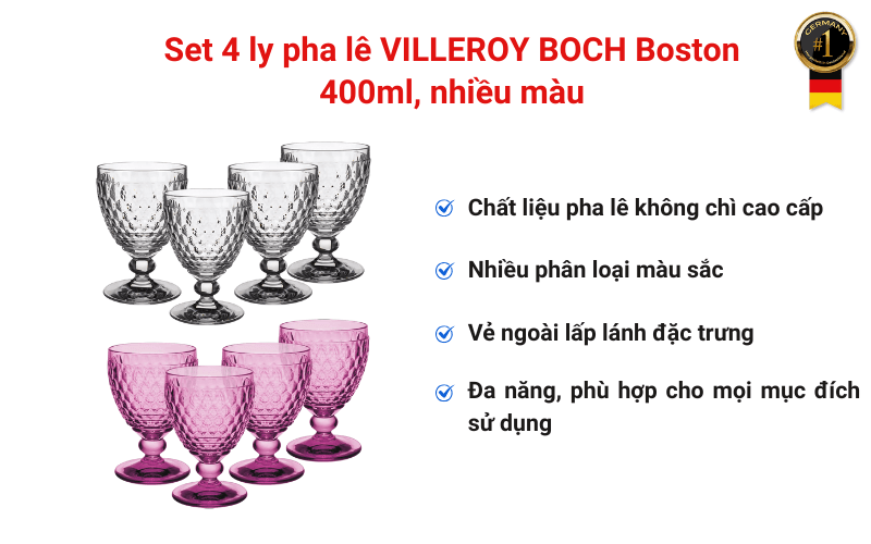 Set 4 ly pha lê VILLEROY BOCH Boston 400ml, nhiều màu