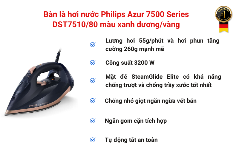 Bàn là hơi nước Philips Azur 7000 Series DST7510/80 màu xanh dương/vàng