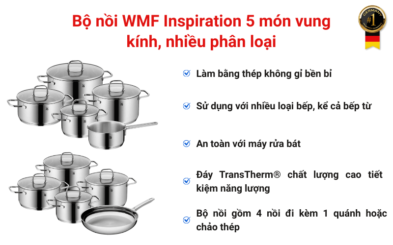 Bộ nồi WMF Inspiration 5 món vung kính, nhiều phân loại