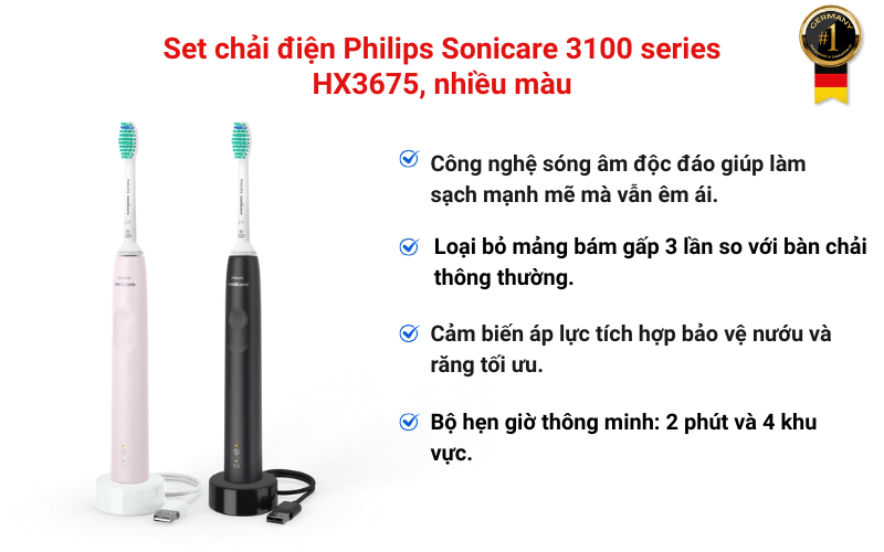 Set bàn chải điện Philips Sonicare 3100 series HX3675, nhiều màu